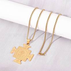 Pendentif croix avec médaille de saint Benoît en acier inoxydable 201 et chaîne en acier inoxydable 304.&nbsp;SA-H003-01G
