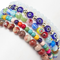 5pcs 5 style naturel et synthétique mélange de pierres précieuses et lampwork mauvais œil et ensemble de bracelets extensibles millefiori&nbsp;BJEW-JB08886