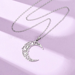 Hohle Halsketten aus Edelstahl 304 mit Mond-Blumenanhänger an Kabelkette für Damen und Herren&nbsp;NJEW-K308-01A-P