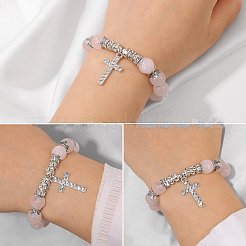 Braccialetti elasticizzati con perline rotonde di quarzo rosa naturale&nbsp;PW-WG20452-01