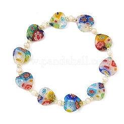 Handgefertigte Armbänder aus Millefiori-Herz und Naturperlen&nbsp;BJEW-JB14294-02