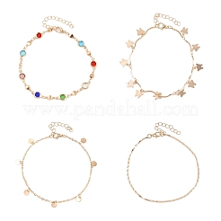 Chaîne de cheville en alliage de strass colorés avec disque papillon et pompon&nbsp;AJEW-A069-01B-G