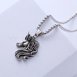 Colliers avec pendentif tête de licorne en acier inoxydable 304 de style punk vintage pour unisexe&nbsp;RN4370