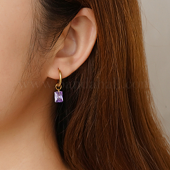 Eleganti orecchini a cerchio rettangolari in acciaio inossidabile con zirconi cubici viola&nbsp;LR9784