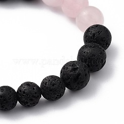 Bracelets extensibles en quartz rose naturel et pierre de lave&nbsp;BJEW-JB05415-02
