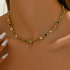 Edelstahl Pavé bunte Zirkonia flache runde Gliederkette Halsketten für Frauen&nbsp;FO2837