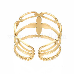 Bague ouverte en acier inoxydable 304 avec motif de fleur&nbsp;X-RJEW-T023-95G