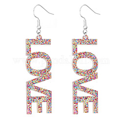 Bling Acrylic Word Love Dangle Earrings, Platinum Plated Iron Feminism Jewelry for Women, Colorful, 70mm