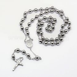 Collar de cuentas de rosario para hombres con cruz de crucifijo, 304 collar de acero inoxidable para la Pascua, color acero inoxidable, 21.7 pulgada (55 cm)