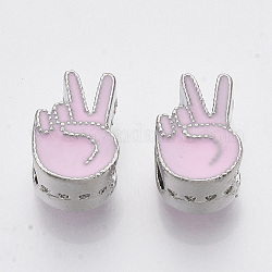 Alloy Enamel ASL European Beads, Large Hole Beads, Palm, Yeah Victory Sign Gesture, Platinum, Pearl Pink, 12x8x7mm, Hole: 5mm