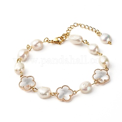 Pflaumenblütenblume Glasgliederarmband für Mädchen Damen, Armband mit natürlichen Perlen, golden, Transparent, 7-1/8 Zoll (18 cm)