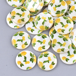Perles de coquille d'eau douce imprimées, plat rond avec motif de citron, or, 23.5~24.5x2.5~4.5mm, Trou: 0.6~1mm