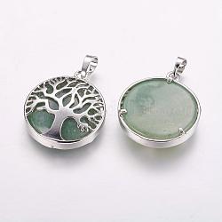 Natural Green Aventurine Pendants, with Brass Findings, Platinum, Flat Round with Tree, 31x27x6.5~7mm, Hole: 5x8mm