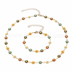 Ensembles de bijoux de colliers et bracelets à maillons de marguerite, avec maillons en laiton émaillé, chaîne d'extension de trottoir et fermoirs à pince de homard, or, colorées, 17 pouce (43.1 cm), 7-1/4 pouce (18.5 cm)