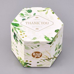 Коробка упаковки конфет формы шестиугольника, коробка подарка свадьбы, коробки, лист и слово спасибо шаблон, зелёные, 7.1x8.2x6.3см, развернуть: 22.9x12.25x0.08 см