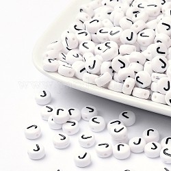 Perles acryliques, avec trou horizontal, lettre, plat rond, letter.j, 7x4mm, Trou: 1mm, environ 3500 pcs/500 g
