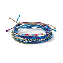 Ensemble de bracelets de perles tressées en alliage et verre 4pcs 4 styles, bracelets réglables cordon polyester ciré pour femme, bleu profond du ciel, diamètre intérieur: 2~3-3/4 pouce (5~9.6 cm), 1pc / style