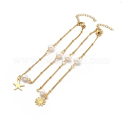 Tobillera con eslabones de perlas ccb, Tobillera dorada con dijes de acero inoxidable 304 con cadenas satélite para mujer, Patrones mixtos, colgante: 13~14x10~11.5x0.5 mm, 9 pulgada (22.8 cm)