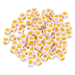 Weiße undurchsichtige europäische Acrylperlen, großes Loch Würfel Perlen, mit Herz-Muster, Gelb, 7x7x7 mm, Bohrung: 4 mm, 100 Stück / Beutel