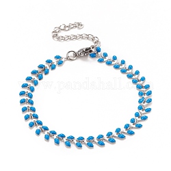 Enamel Wheat Link Chains Bracelet, 304 Stainless Steel Jewelry for Women, Stainless Steel Color, Deep Sky Blue, 6-7/8 inch(17.5cm)