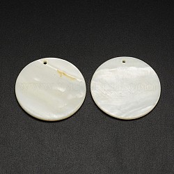 Piatti tondi pendenti shell di acqua dolce, bianco crema, 38x3mm, Foro: 2 mm