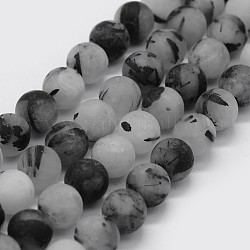 Naturale nero rutilato perle di quarzo fili, smerigliato, tondo, 8~8.5mm, Foro: 1 mm, circa 47pcs/filo, 15.3 pollice (39 cm)