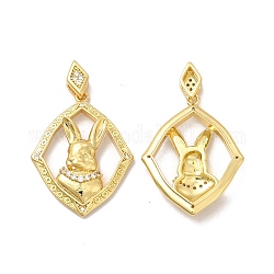 Rack Plating Eco-Friendly Brass Micro Pave Cubic Zirconia Pendants, Long-Lasting Plated, Lead Free & Cadmium Free, Rhombus with Rabbit Charm, Real 18K Gold Plated, 29x23x5.5mm, Hole: 7x2mm