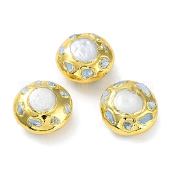 Perline Larimar naturale, con accessori in ottone color oro con placcatura a cremagliera e perla Keshi naturale, placcato di lunga durata, rotondo e piatto, 25~26x25~26x14.5~15mm, Foro: 1 mm