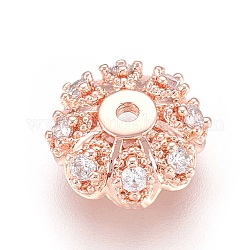 Capuchons de perles fantaisie en zircone cubique pavée en laiton à plusieurs pétales, fleur, clair, Véritable plaqué or rose, 10x4mm, Trou: 1.2mm