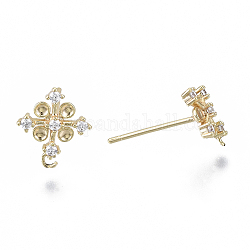 Brass Micro Pave Cubic Zirconia Stud Earring Settings, for Enamel, with Loop, Nickel Free, Flower, Clear, Real 18K Gold Plated, 11x9~10mm, Hole: 1mm, Pin: 0.8mm