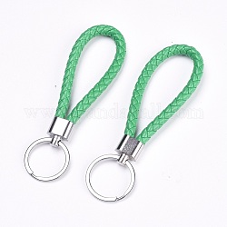 Porte-clés pu tressé, avec accessoires en alliage et anneau en fer, platine, verte, 125~130x7.5~8mm