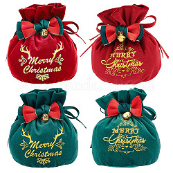 BENECREAT 4Pcs 4 Styles Christmas Velvet Candy Apple Bags, Gold Stamping Word Merry Christmas Drawstring Pouches with Bowknot, for Gift Wrapping, Green & Red, Christmas Tree & Reindeer & Word Pattern, Mixed Patterns, 16x17.5cm, 1pc/style