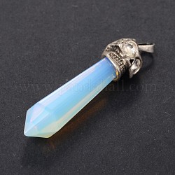 Hexagon Alloy Opalite Point Big Pendants, Antique Silver, with Rhinestone, 62x13mm, Hole: 8x4mm