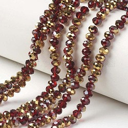 Placcare trasparente perle di vetro fili, metà d'oro placcato, sfaccettato, rondelle, rosso scuro, 4x3mm, Foro: 0.4 mm, circa 130pcs/filo, 16.54 pollice (42 cm)