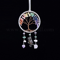 Natural & Synthetic Mixed Gemstone Tree of Life with Owl Hanging Ornaments, Pendant Decorations, 350mm