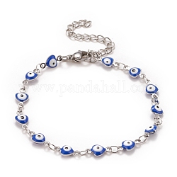 Coeur en émail avec bracelet chaînes à maillons mauvais œil, 304 bijoux en acier inoxydable pour femme, couleur inoxydable, bleu, 6-3/4 pouce (17.1 cm)