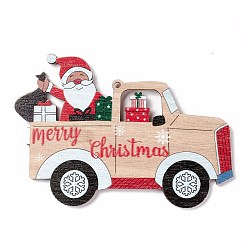 クリスマス スプレー塗装木材の大きなペンダント  サンタクロースのいる車  カラフル  78.5x116x2.5mm  穴：3mm