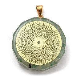 Pendenti poligonali di avventurina verde naturale, ciondoli poligonali con fetta rotonda in lega placcata oro, 39.5x35x10.5mm, Foro: 6.5x4 mm