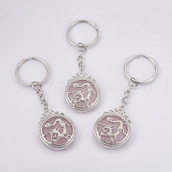 Porte-clés quartz rose naturel, avec les principaux anneaux de fer, plat rond avec le dragon, platine, 80mm, pendentif: 34.5x26x8.5 mm