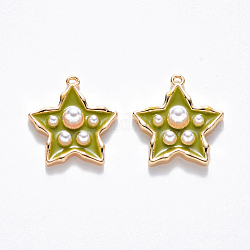 Brass Enamel Pendants, with ABS Plastic Imitation Pearl, Nickel Free, Star, Real 18K Gold Plated, Yellow Green, 15.5x14.5x4mm, Hole: 1mm