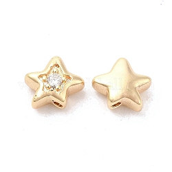Perline in ottone zirconi, stella, vero placcato oro 18k, chiaro, 7x8x4mm, Foro: 1 mm