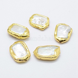 Natural Cultured Freshwater Pearl Beads, Edge Golden Plated, Nuggets, White, 19~22.5x14~15x5~6mm, Hole: 1mm