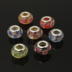 Handmade Lampwork European Beads, with Silver Plated Brass Double Cores, Rondelle, Mixed Color, 13x8mm, Hole: 5mm