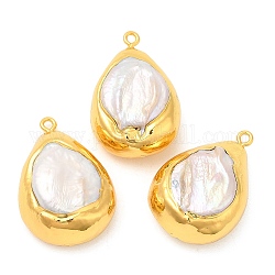 Colgantes de latón chapado en oro, Dijes en forma de lágrima de perlas keshi naturales de estilo barroco, Plateado de larga duración, color de concha, 32.5~33x22~22.5x13~13.5mm, agujero: 1.8 mm
