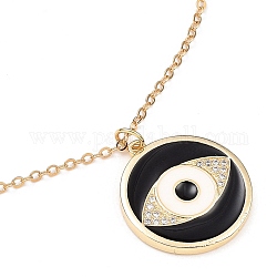 Brass Micro Pave Cubic Zirconia Pendant Necklaces, with Enamel, Brass Cable Chain and 304 Stainless Steel Lobster Claw Clasps, Flat Round with Evil Eye, Golden, 21.85 inch(55.5cm)