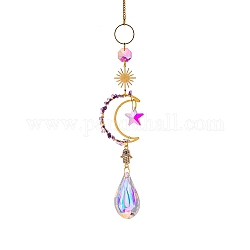 Décorations pendentif étoile de lune en verre et laiton, attrape-soleil suspendus, avec éclats d'agate artificielle, pour la décoration, violet foncé, 400~430mm