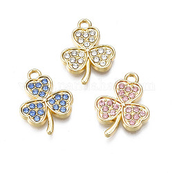 Alloy Pendants, with Rhinestone, Cadmium Free & Nickel Free & Lead Free, Clover, Light Gold, Mixed Color, 18.5x14x2mm, Hole: 1.8mm