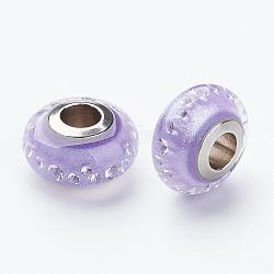 304 Stainless Steel Resin European Beads, with Cubic Zirconia and Enamel, Rondelle, Large Hole Beads, Medium Orchid, 14.5x8mm, Hole: 5mm