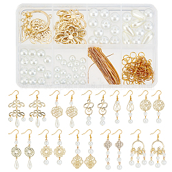 Sunnyclue bricolage fleur avec des kits de fabrication de boucles d'oreilles pendantes en perles d'imitation, y compris les connecteurs de liaison en filigrane en alliage, Crochets d'oreille en laiton, Perles en verre, or, 166 pcs / boîte
