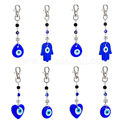 DICOSMETIC 8Pcs 4 Style Handmade Lampwork Evil Eye Pendant Decoration, Natural Lava Rock Round Bead & Lobster Clasp Charms, for Keychain, Purse, Backpack Ornament, Heart/Flat Round/Teardrop/Hamsa Hand, Mixed Shapes, 121~141mm, 2pcs/style
